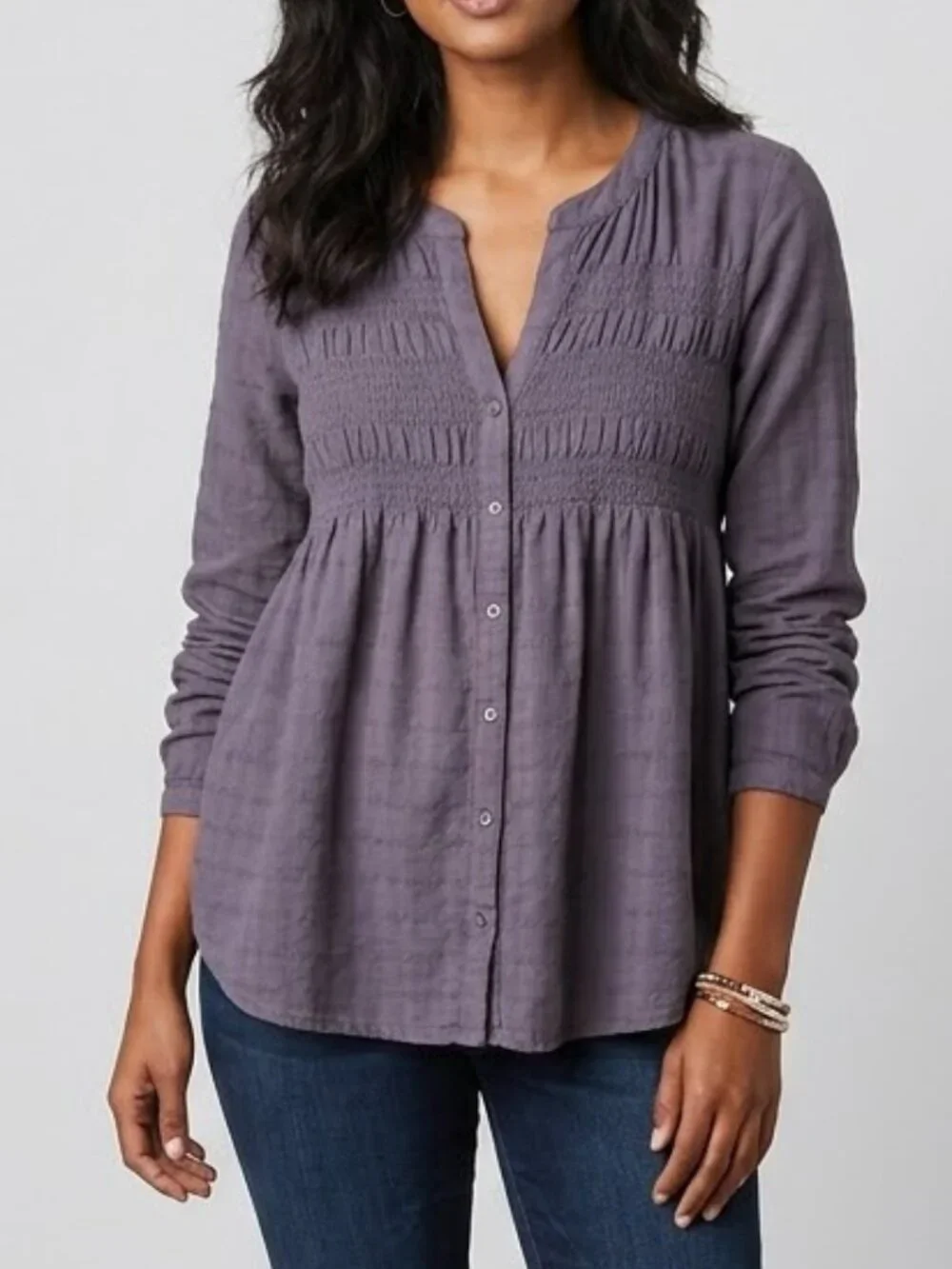 Boho Tunic Blouse Smocked Henley Long Sleeve Gray Medium - Picture 15 of 16